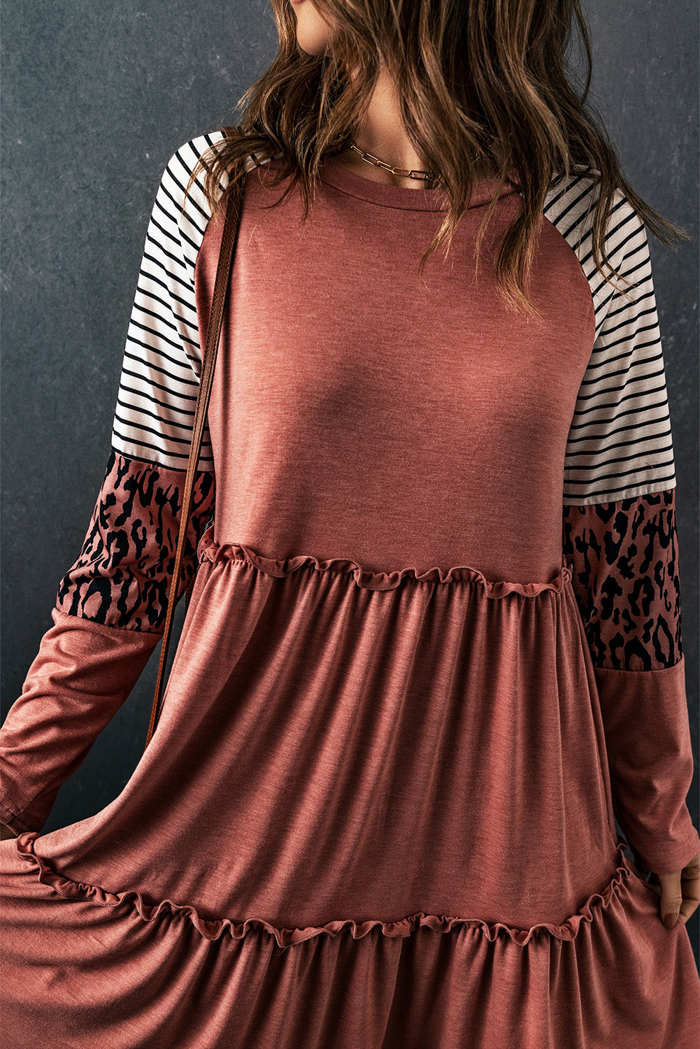 Pink Striped Leopard Patchwork Long Sleeve Mini Dress-yoyobikini