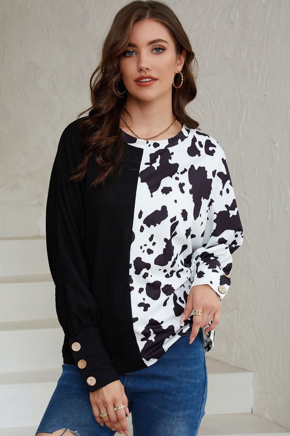 Black Cow Patchwork Waffle Knit Long Sleeve Top-yoyobikini