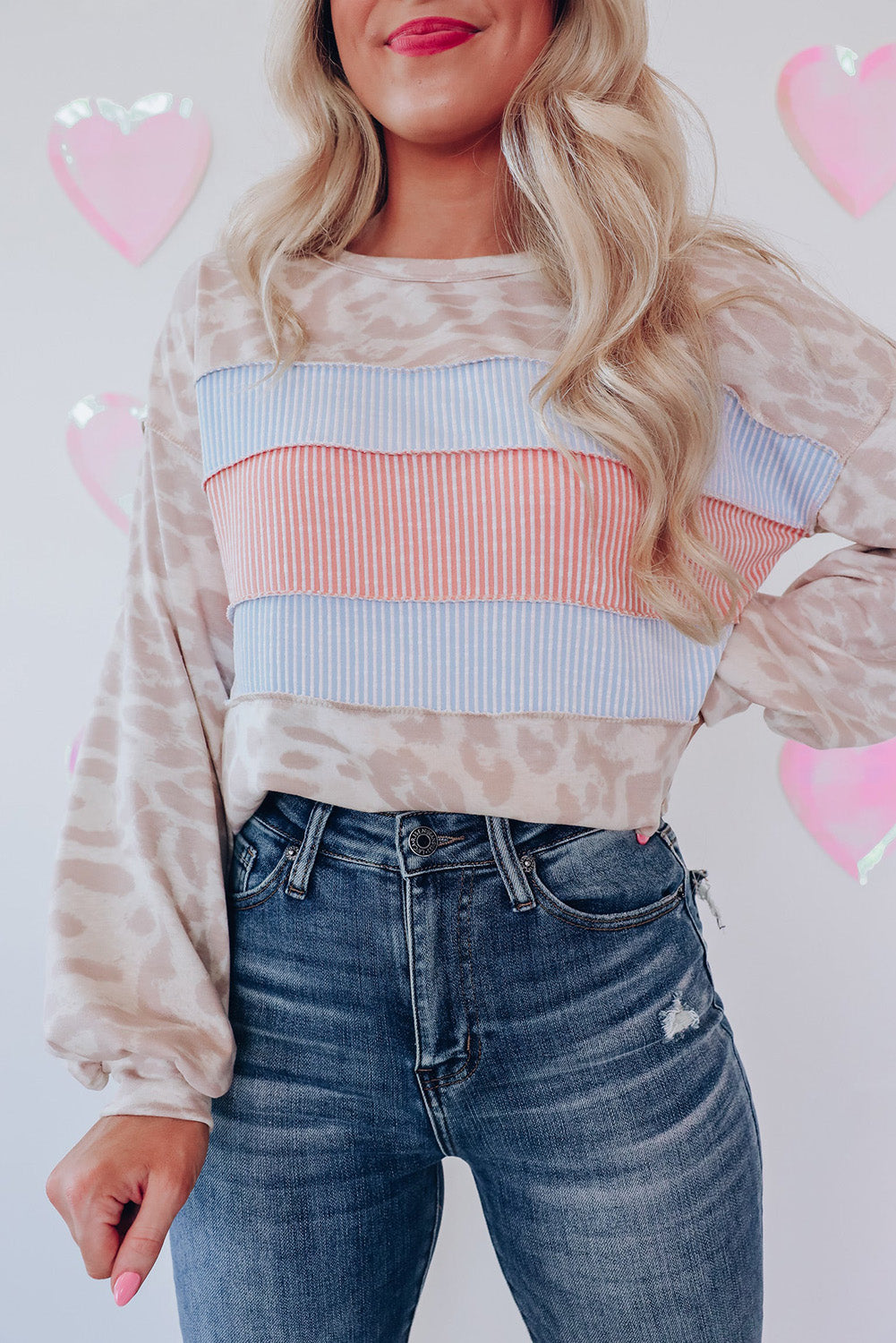 Leopard Animal Print Contrast Stripes Patchwork Puff Sleeve Knit Top-yoyobikini