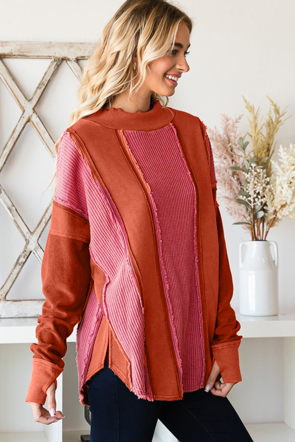Red Waffle Knit Ripped Exposed Seam	Patchwork Top with Thumbhole-yoyobikini