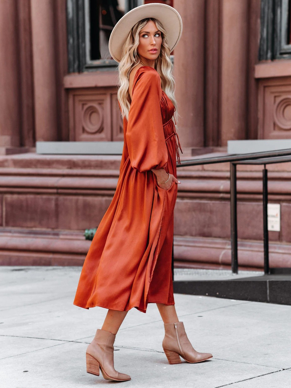 Maxi Dress Square Neck Long Sleeves Orange Red Floor Length Dress