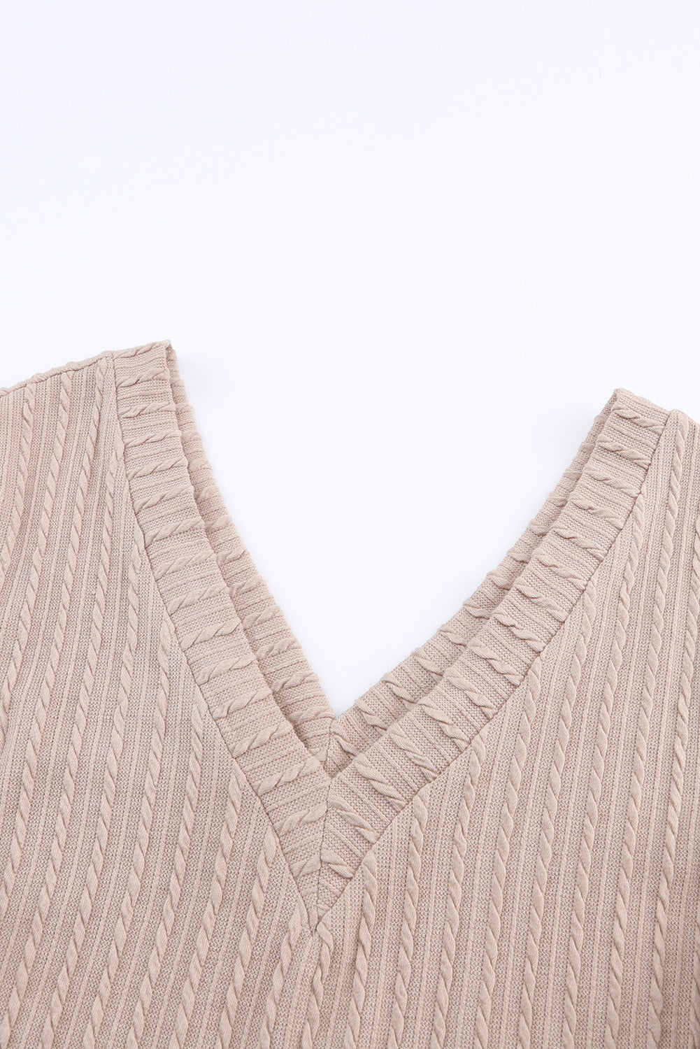 Khaki Knitted Jacquard V Neck Lantern Sleeve Top-yoyobikini