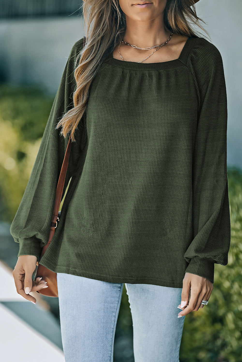 Green Scoop Neck Puff Sleeve Waffle Knit Top-yoyobikini