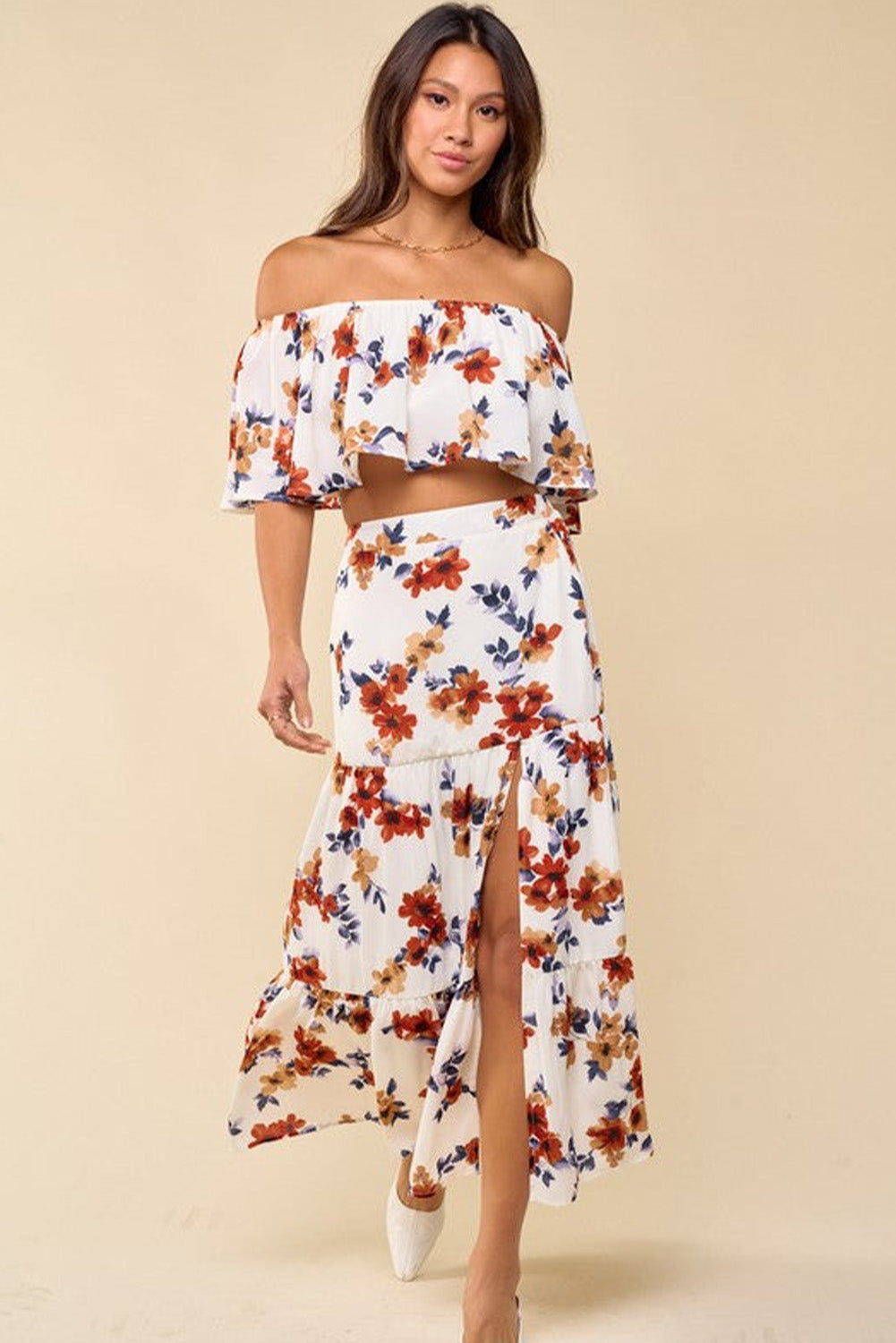 White Floral Print Off-shoulder Crop Top and Maxi Skirt Set-yoyobikini