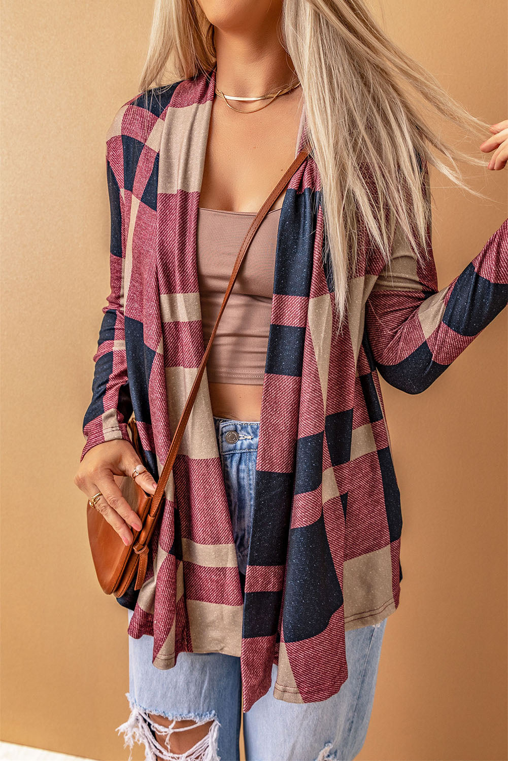 Draped Open Front Plaid Cardigan-yoyobikini