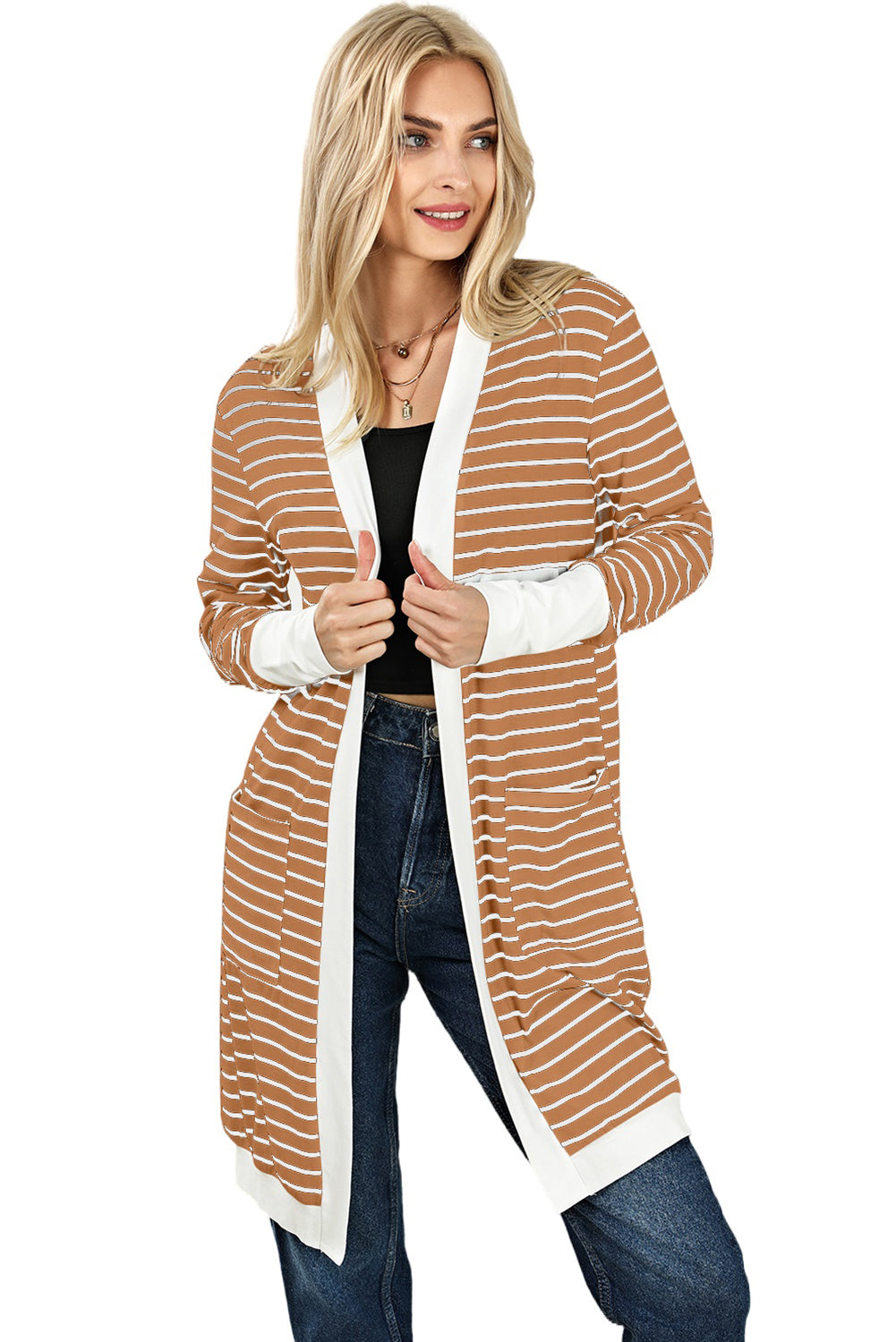 Brown Striped Side Pockets Open Front Cardigan-yoyobikini