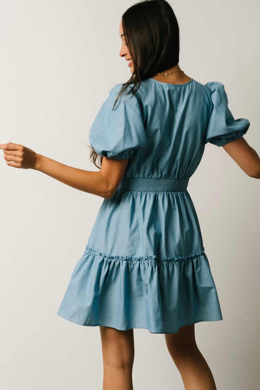 Sky Blue V Neck Bubble Sleeve Ruffle Flared Mini Dress-yoyobikini