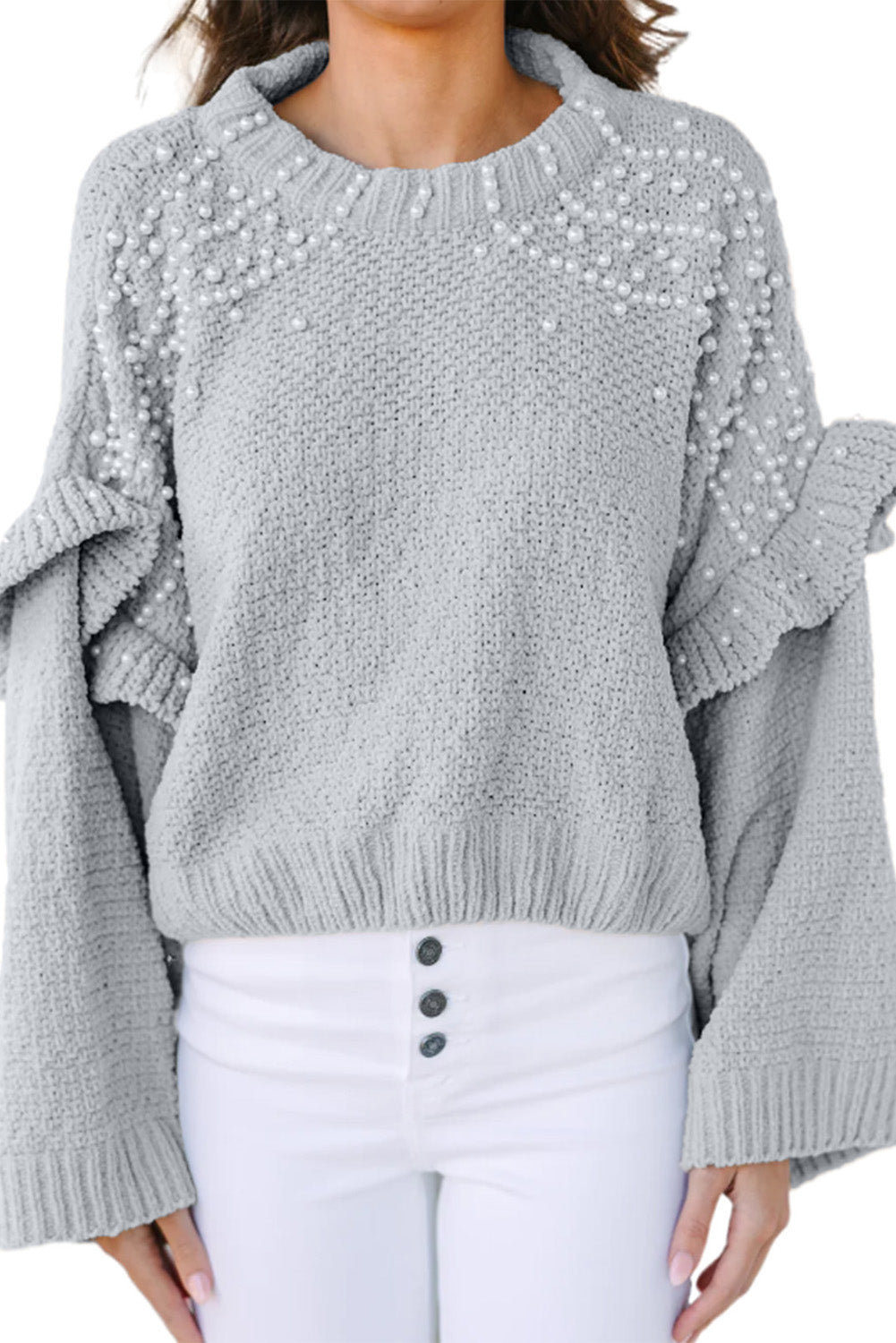 Gray Pearl Embellished Ruffle Wide Sleeve Sweater-yoyobikini