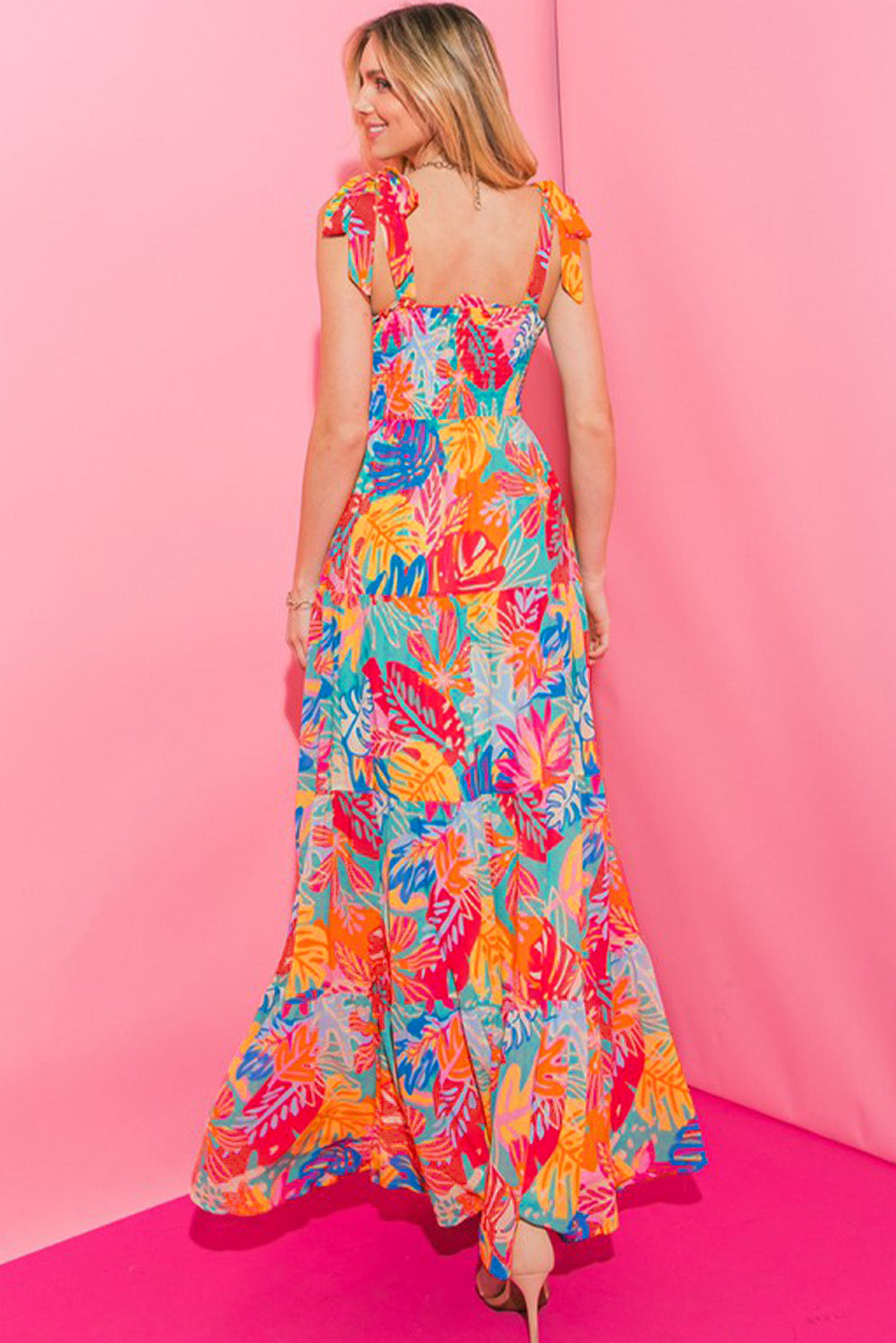 Multicolor Vibrant Tropical Print Smocked Ruffle Tiered Maxi Dress-yoyobikini