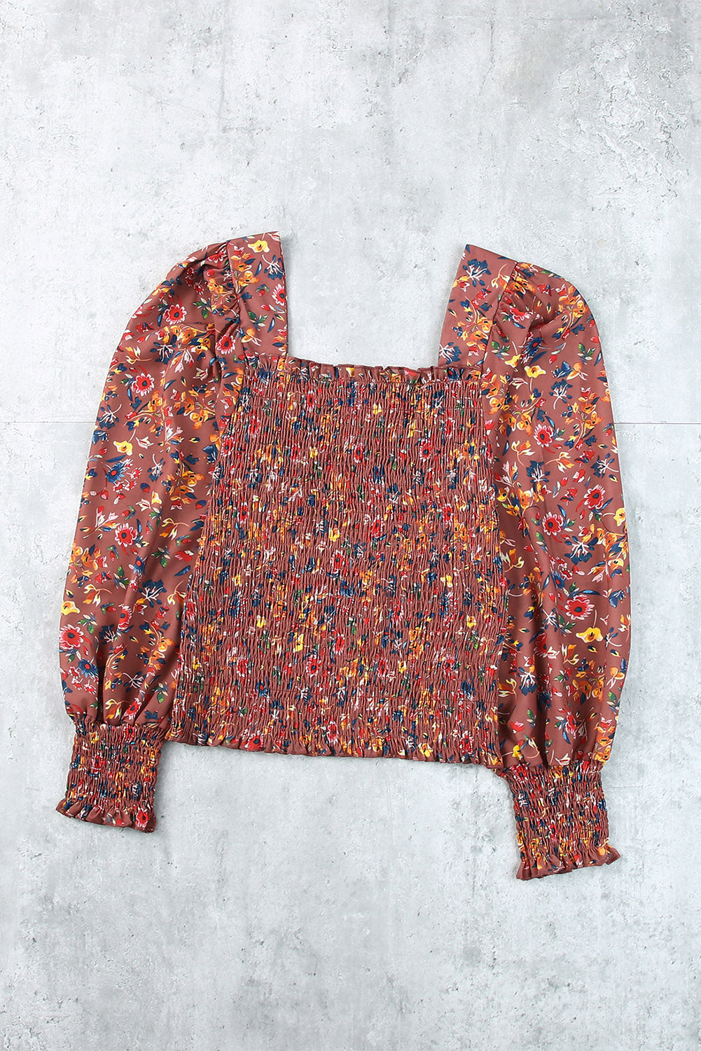 Pink Floral Print Smocked Long Sleeve Top-yoyobikini