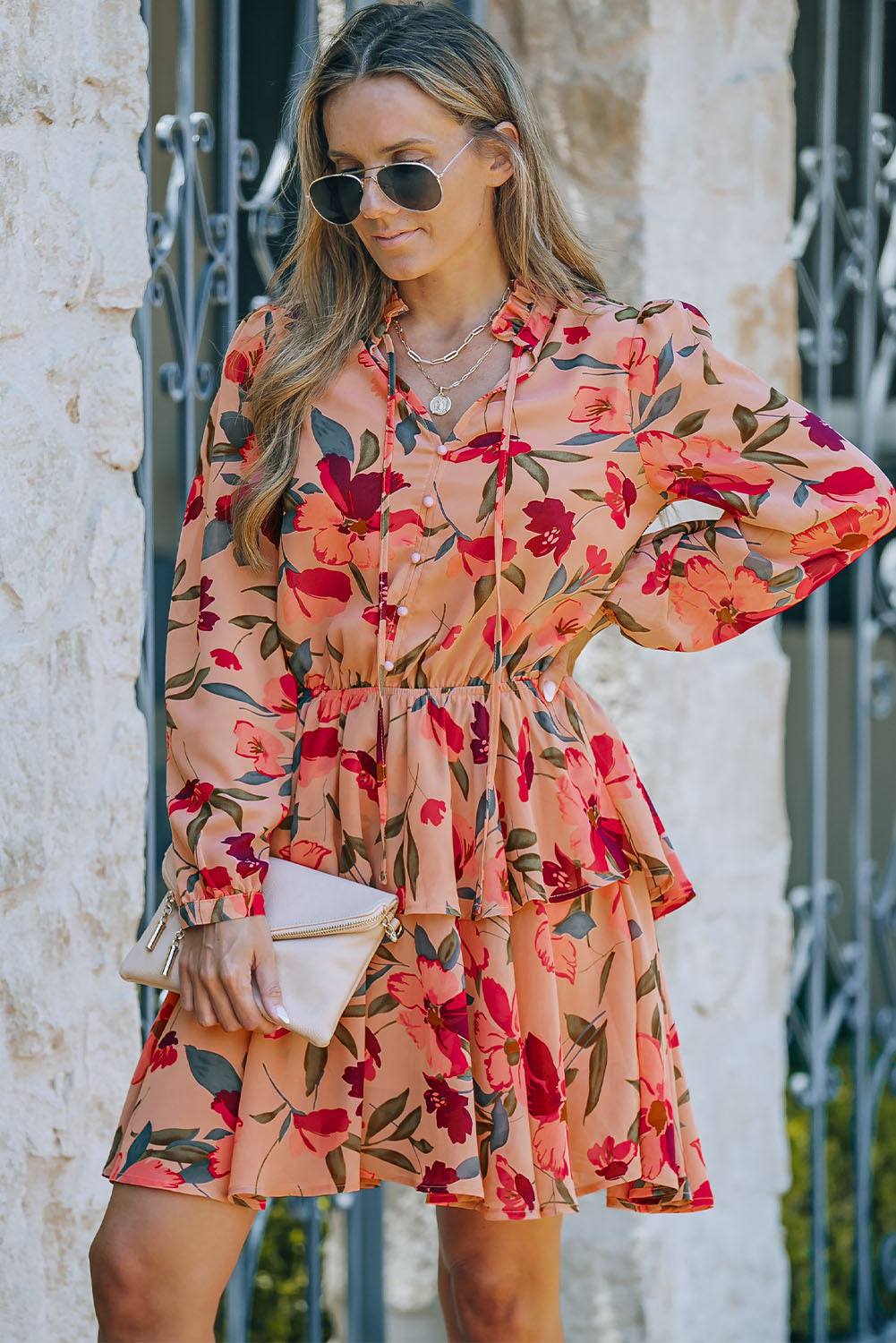 Red Frilled Collar Long Sleeve Floral Dress with Ruffle-yoyobikini