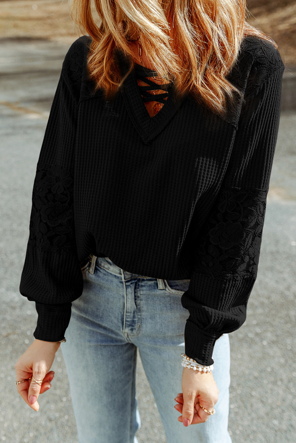 Black Lace Waffle Patchwork Strappy V Neck Long Sleeve Top-yoyobikini