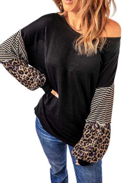 Black Leopard Striped Print Sleeve Colorblock Top-yoyobikini
