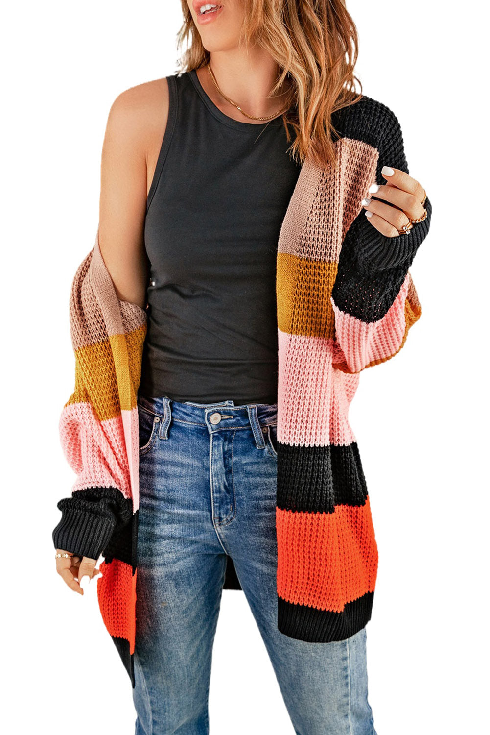 Multicolor Waffle Knit Color Block Open Front Cardigan-yoyobikini
