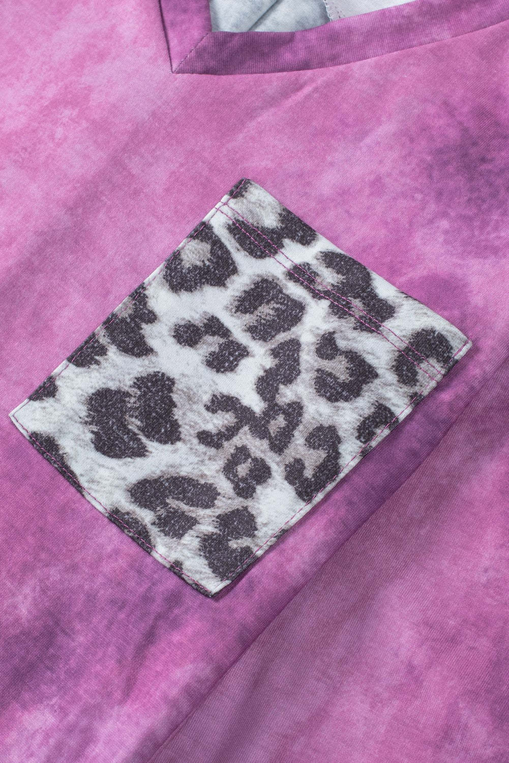 Rose Tie Dye Leopard Patchwork Pocket V Neck Top-yoyobikini