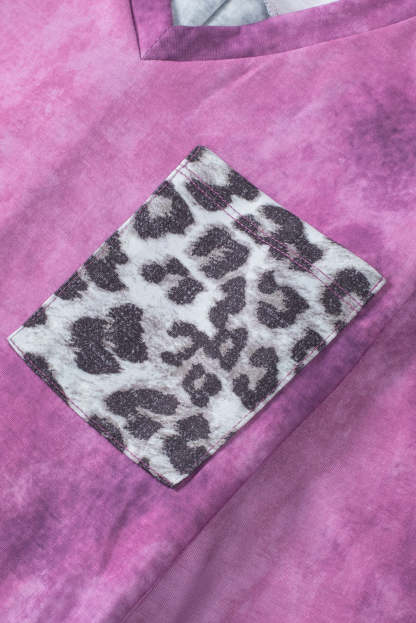 Rose Tie Dye Leopard Patchwork Pocket V Neck Top-yoyobikini