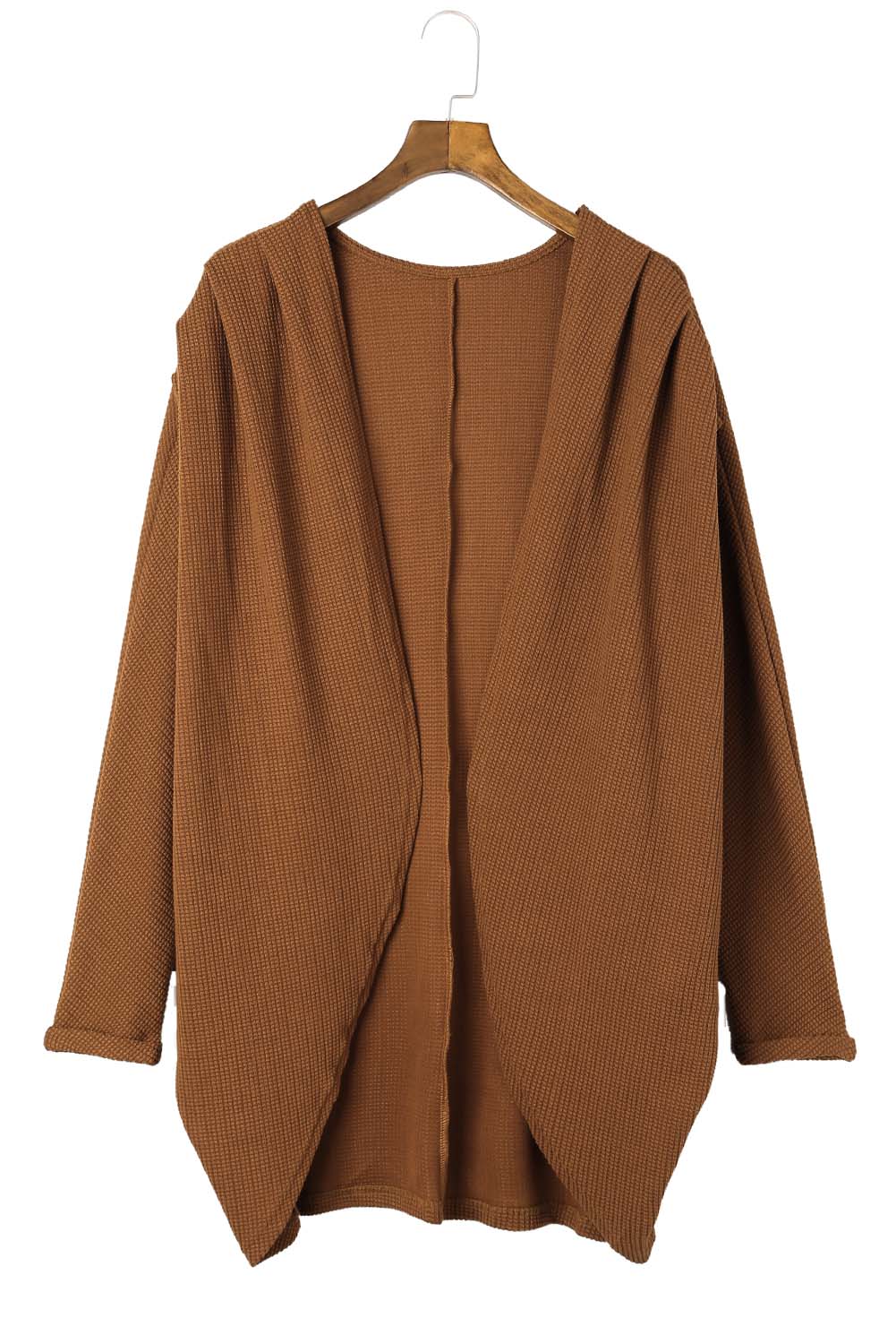 Brown Waffle Knit Open Front Rounded Hem Cardigan-yoyobikini