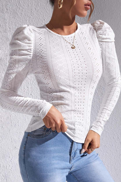 White Jacquard Textured Puff Sleeve O-Neck Top-yoyobikini