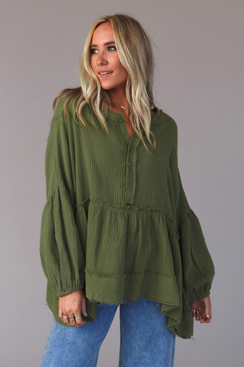 Green Henley Button Drop Shoulder Loose Sleeve Raw Edge Top-yoyobikini