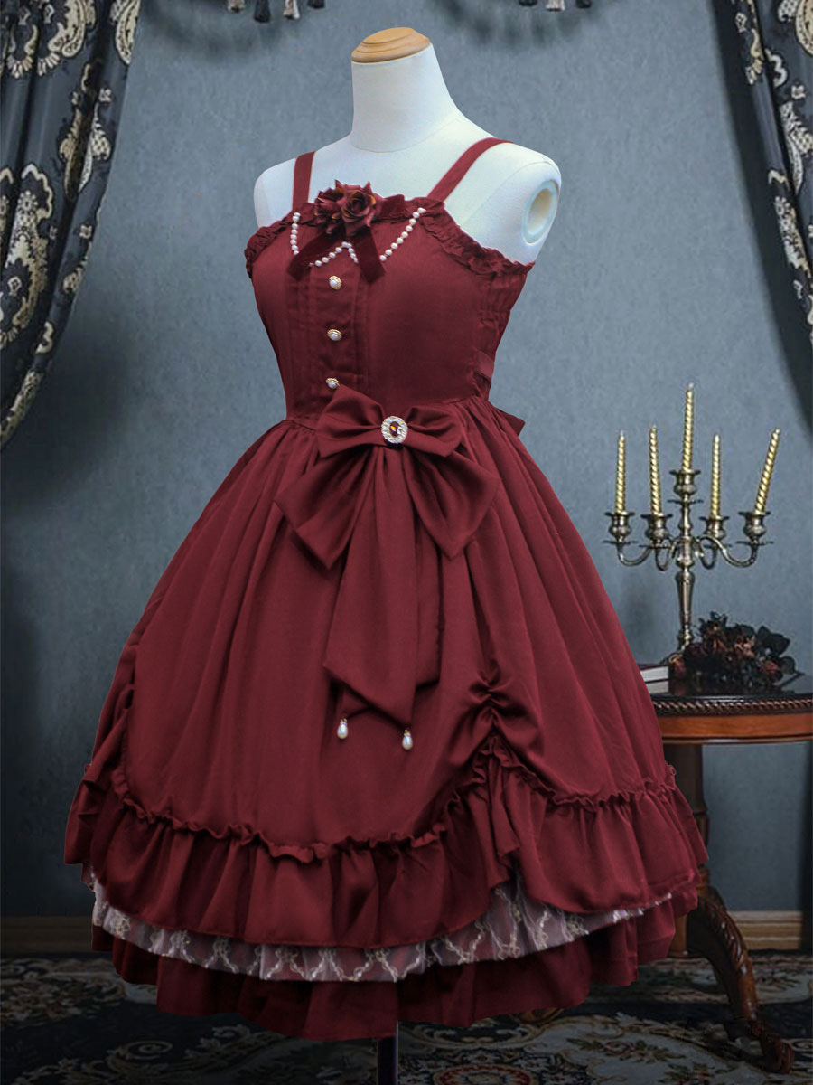 Victorian Classical Lolita JSK Dress Women Elegant Sweet Palace Queen Party Dresses Ink Green Ruffles Bows Sleeveless Polyester Lolita Girly Gothic Slip Dress