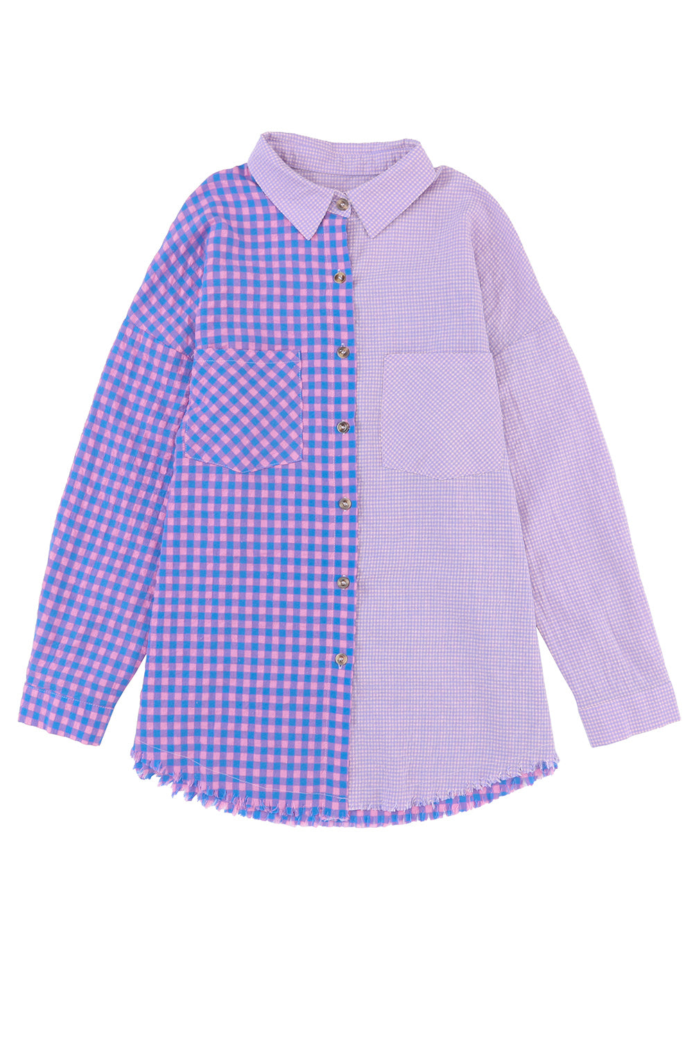Purple Mixed Plaid Button Down Long Sleeve Chest Pocket Shirt-yoyobikini