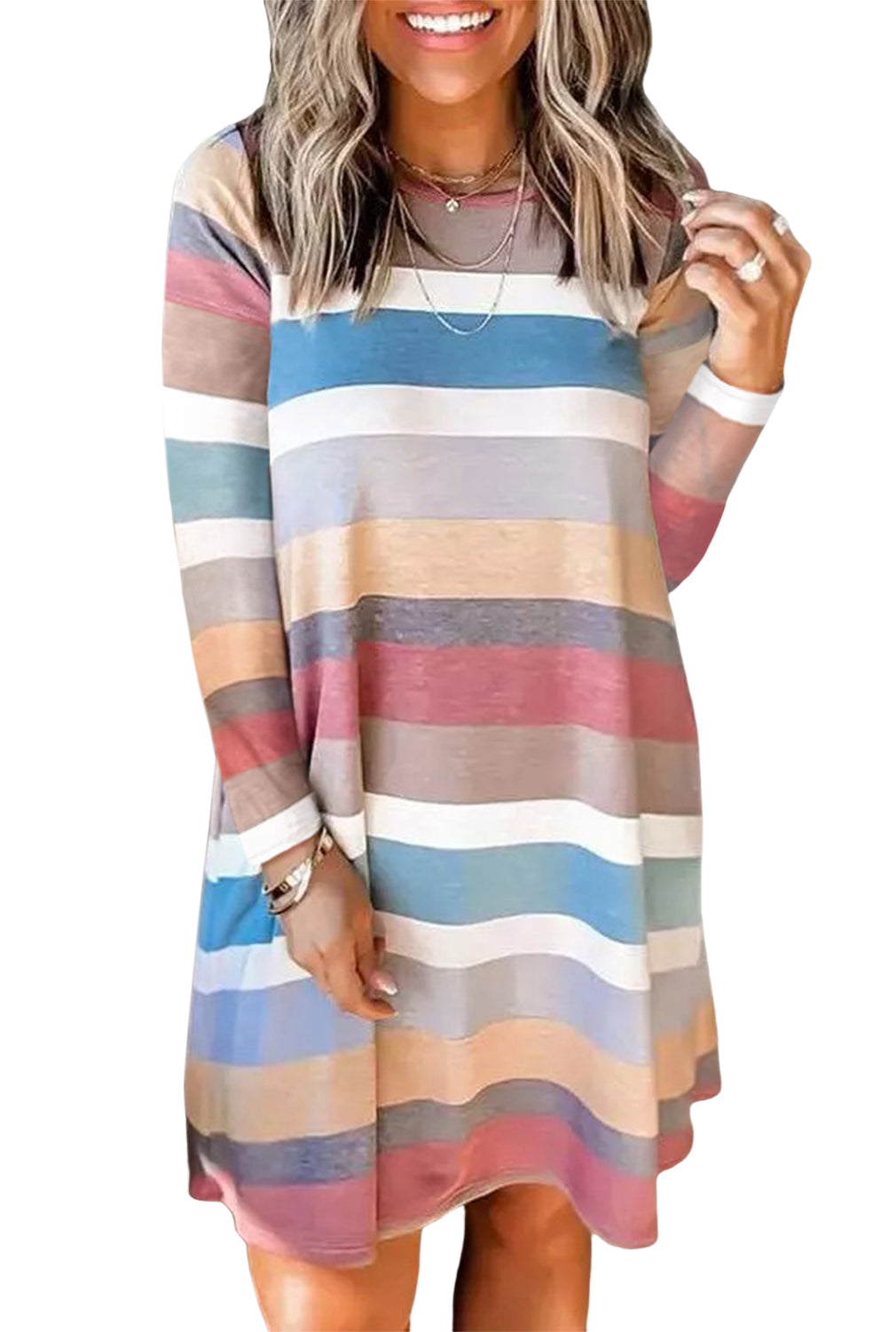 Rainbow Long Sleeve Stripes Mini Dress-yoyobikini