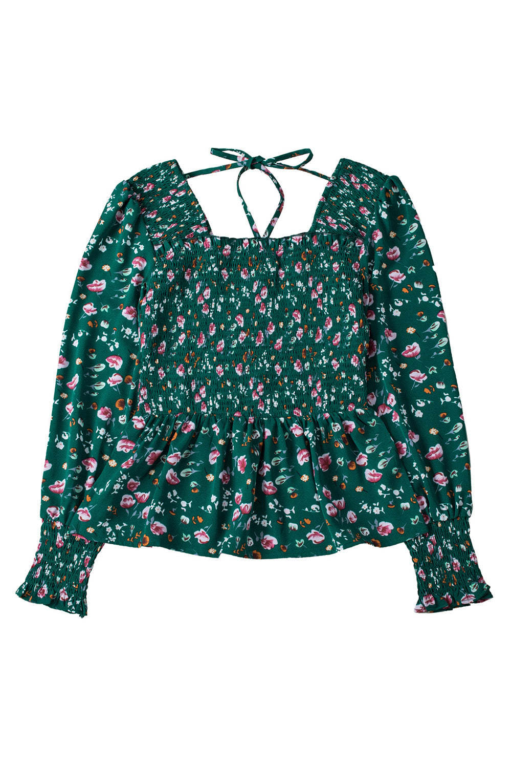 Floral Print Smocked Lace-up Square Neck Long Sleeve Top-yoyobikini