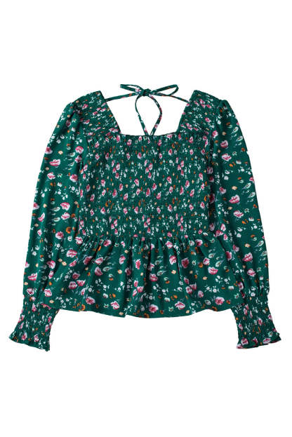Floral Print Smocked Lace-up Square Neck Long Sleeve Top-yoyobikini