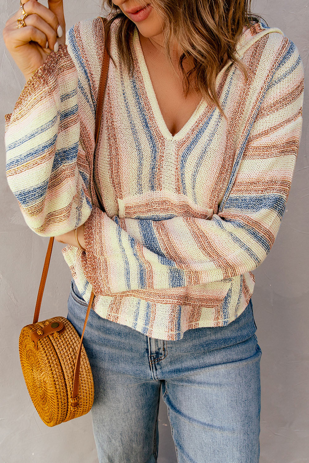 Multicolor Striped Knit Kangaroo Pocket Hooded Sweater-yoyobikini