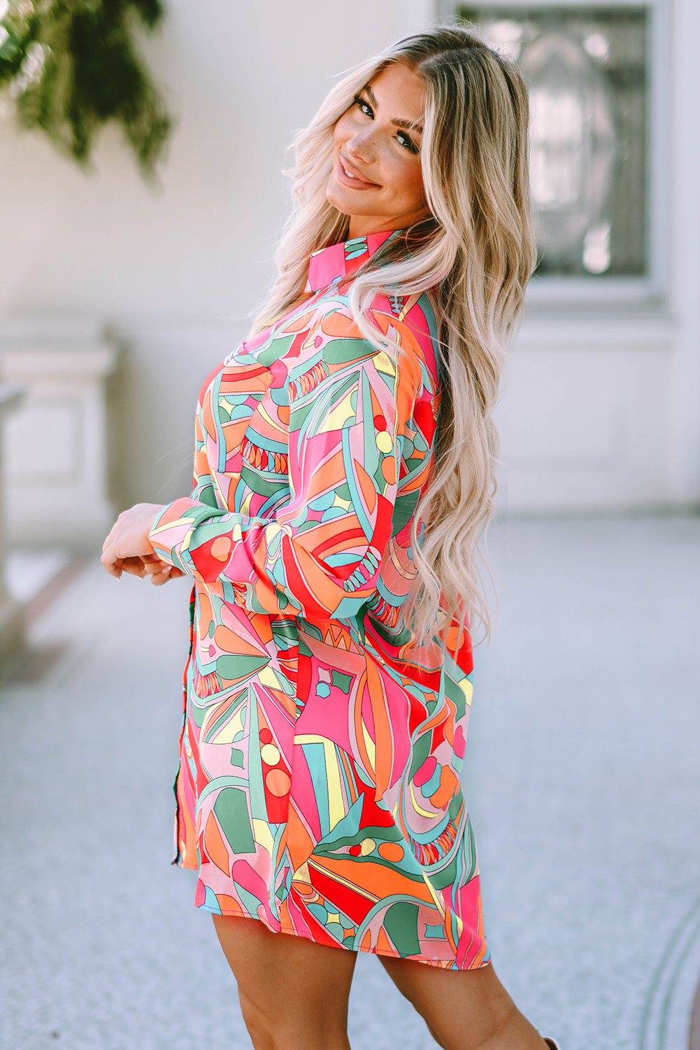 Multicolor Geometric Abstract Print Long Sleeve Shirt Dress-yoyobikini
