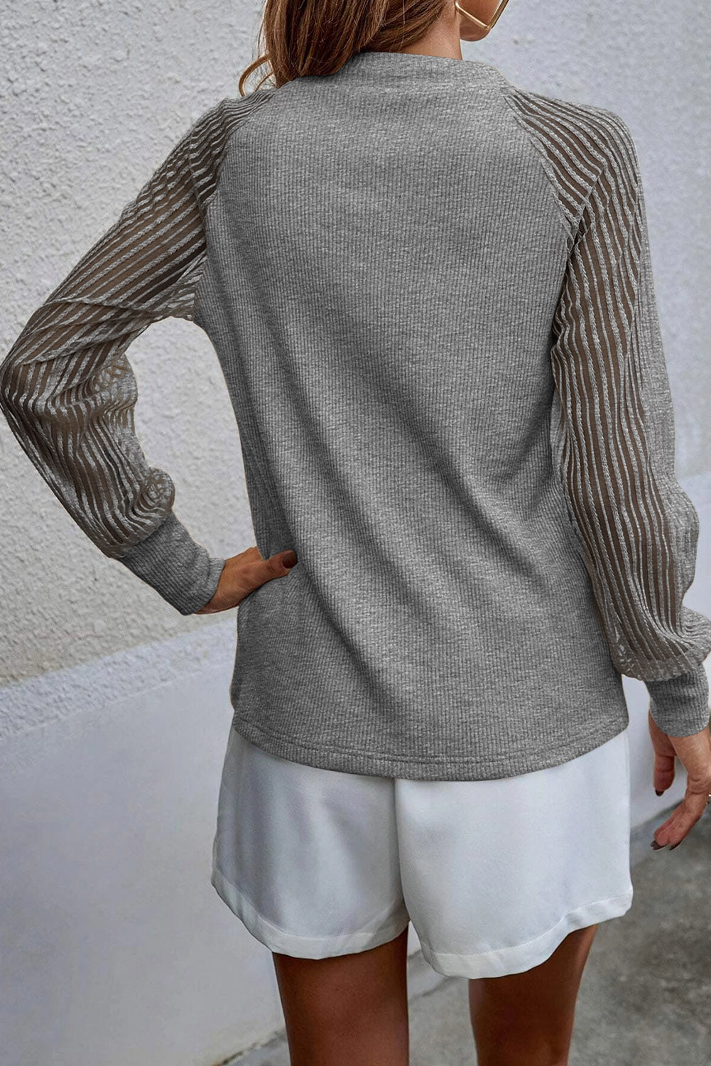 Gray Striped Mesh Long Sleeve Crewneck Ribbed Top-yoyobikini