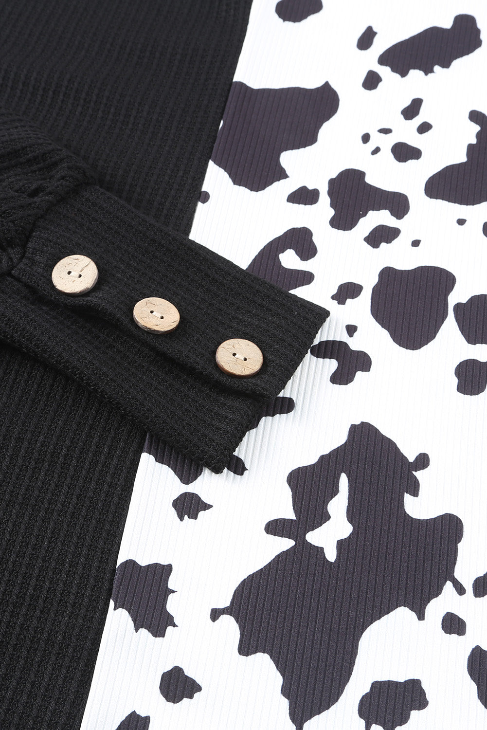 Black Cow Patchwork Waffle Knit Long Sleeve Top-yoyobikini