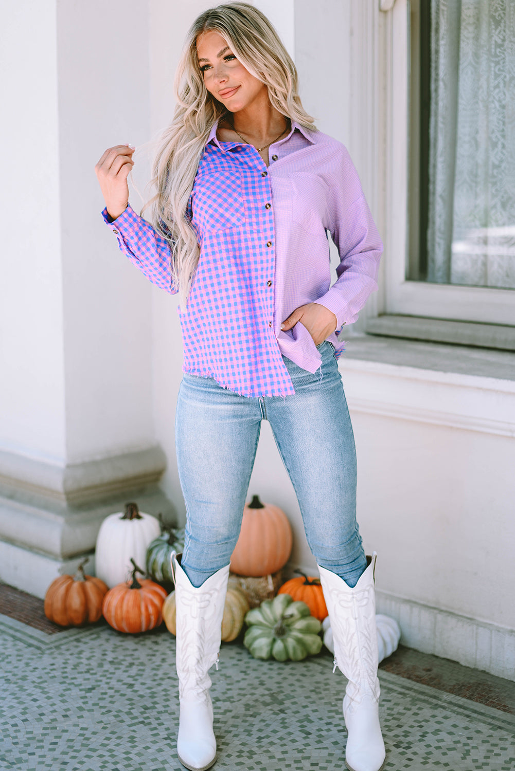 Purple Mixed Plaid Button Down Long Sleeve Chest Pocket Shirt-yoyobikini