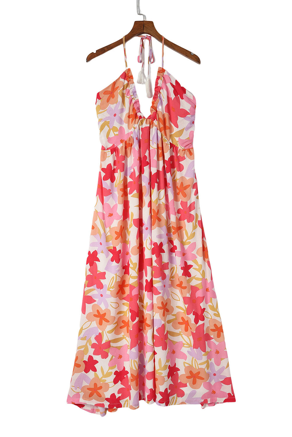 Red Halter Neck Backless Floral Print Maxi Dress with Ties-yoyobikini