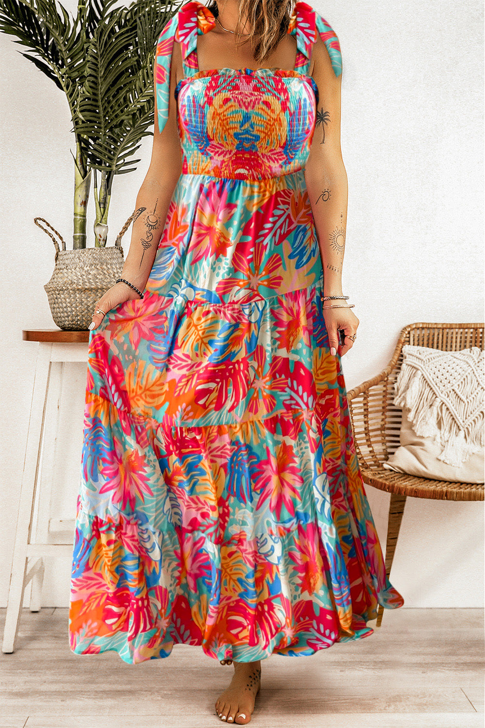 Multicolor Vibrant Tropical Print Smocked Ruffle Tiered Maxi Dress-yoyobikini