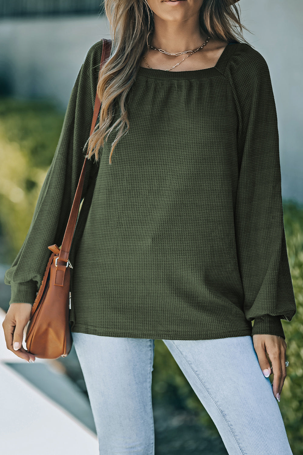 Green Scoop Neck Puff Sleeve Waffle Knit Top-yoyobikini