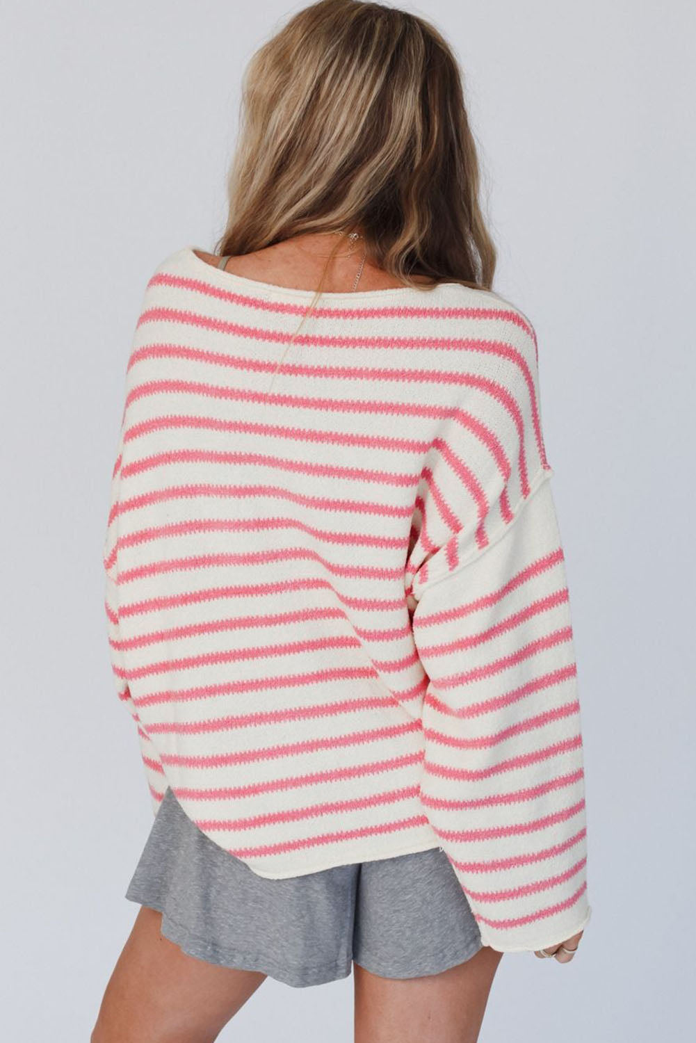 Pink Striped Drop Shoulder Oversized Sweater-yoyobikini