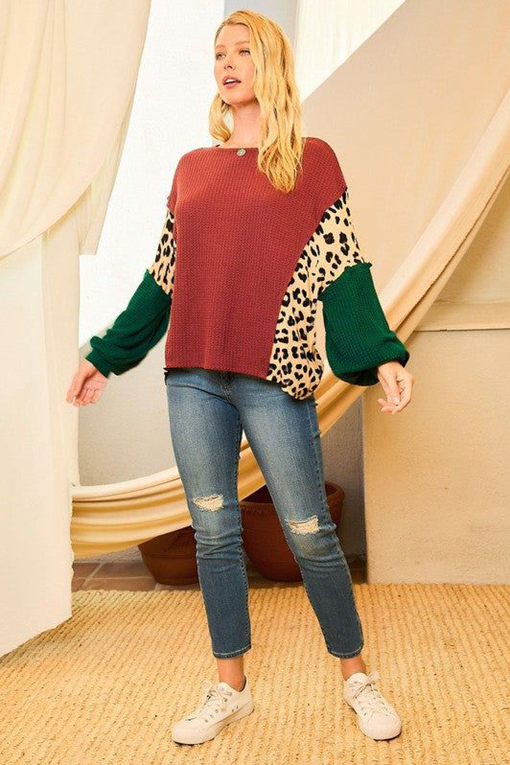 Brown Leopard Splicing Waffle Color Block Puff Sleeve Top-yoyobikini