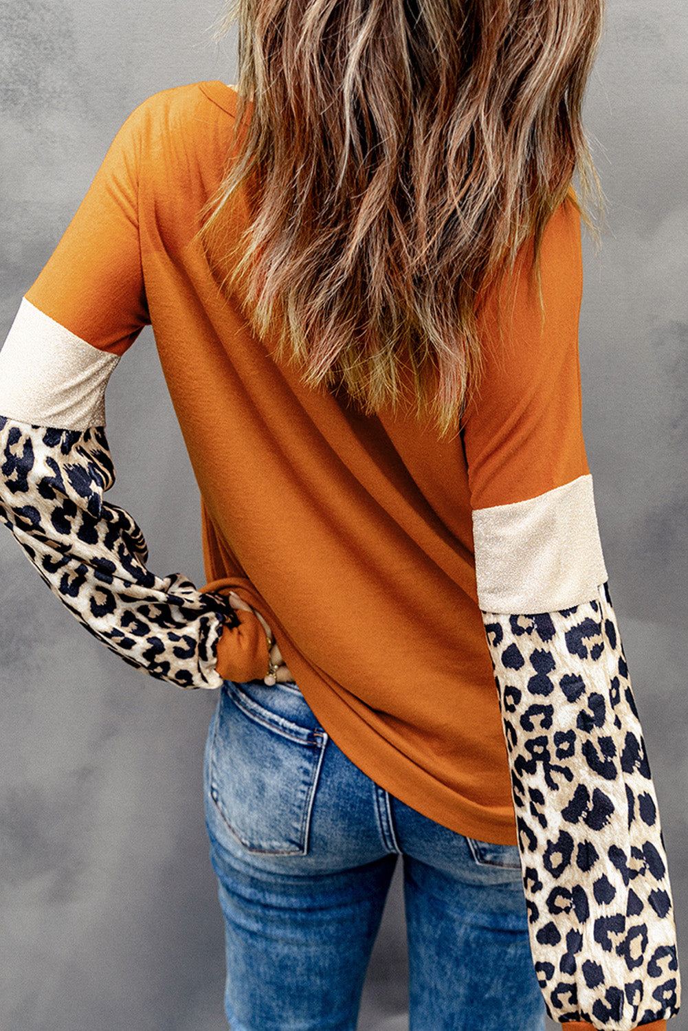 Brown Leopard Sequin Patchwork Long Sleeve Top-yoyobikini