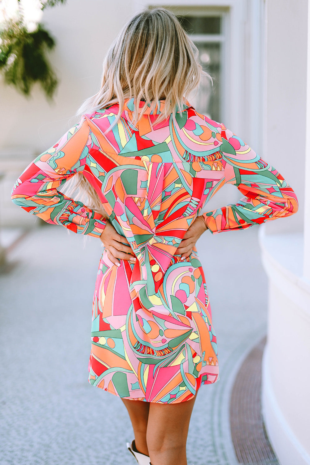 Multicolor Geometric Abstract Print Long Sleeve Shirt Dress-yoyobikini