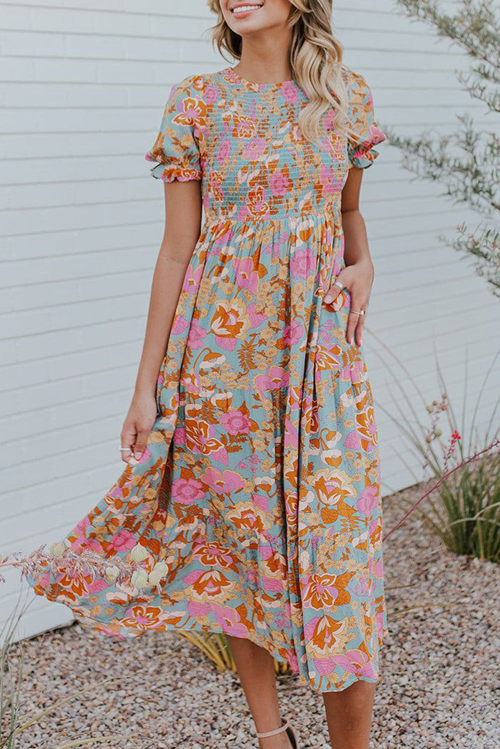 Sky Blue Floral Bubble Sleeve Smocked Flowy Ruffle Dress-yoyobikini