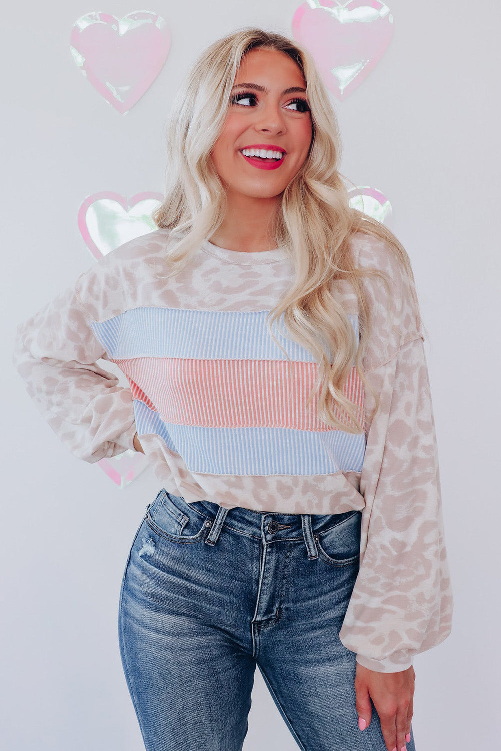 Leopard Animal Print Contrast Stripes Patchwork Puff Sleeve Knit Top-yoyobikini