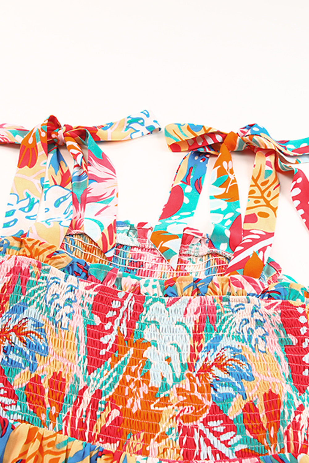 Multicolor Vibrant Tropical Print Smocked Ruffle Tiered Maxi Dress-yoyobikini
