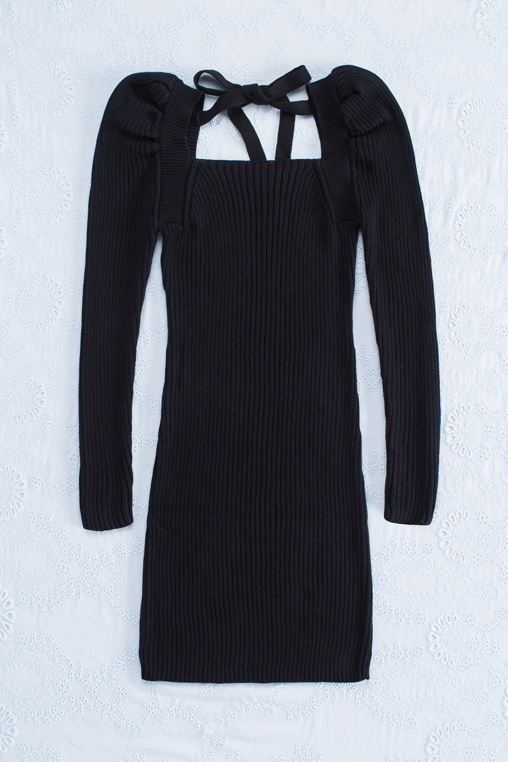 Black Square Neck Puffy Sleeve Sweater Dress-yoyobikini