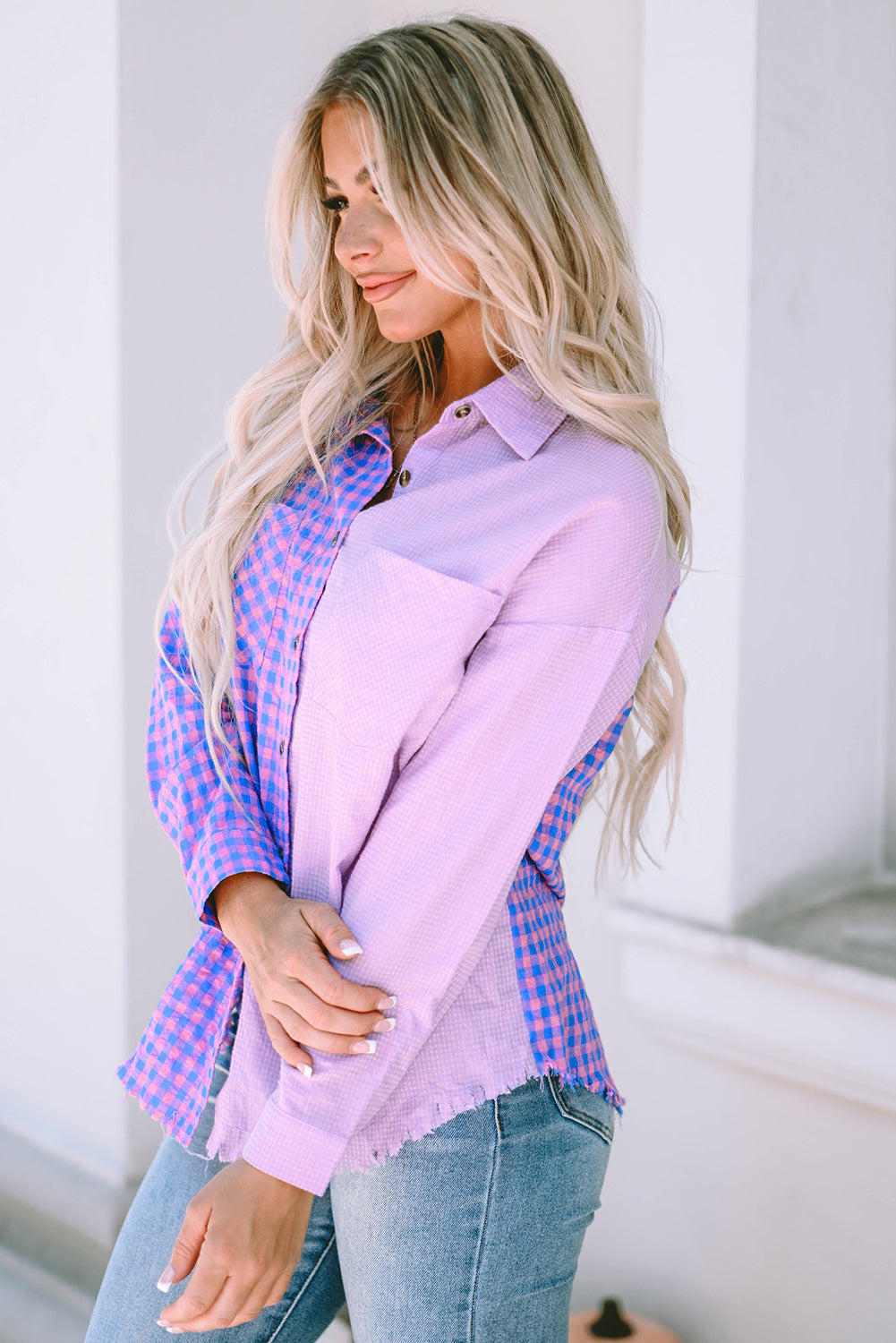 Purple Mixed Plaid Button Down Long Sleeve Chest Pocket Shirt-yoyobikini