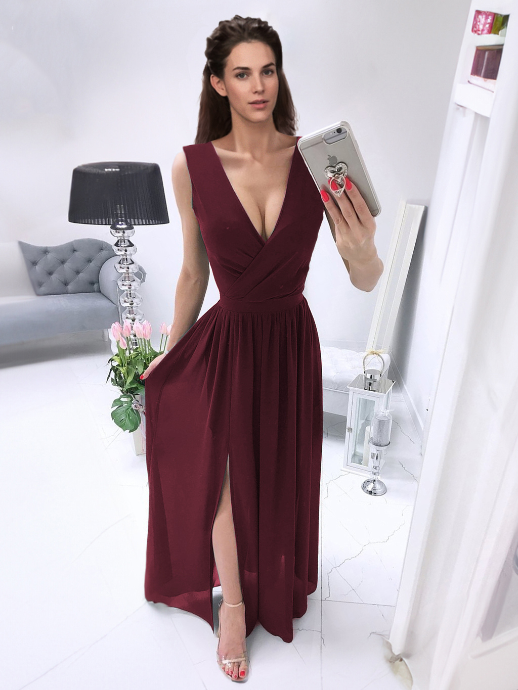 Party Dresses Burgundy V-Neck Sleeveless Long Semi Formal Dress