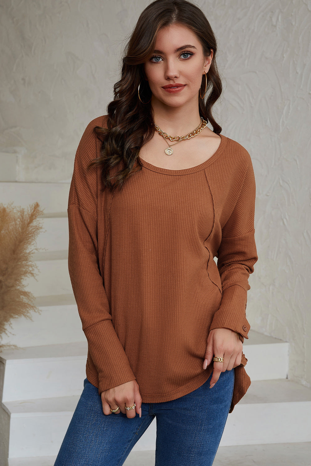 Brown Waffle Knit Splicing Buttons Long Sleeve Top-yoyobikini