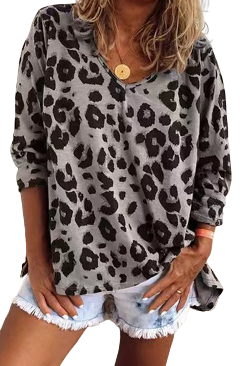 Gray Leopard Split Joint V Neck Long Sleeve Top-yoyobikini