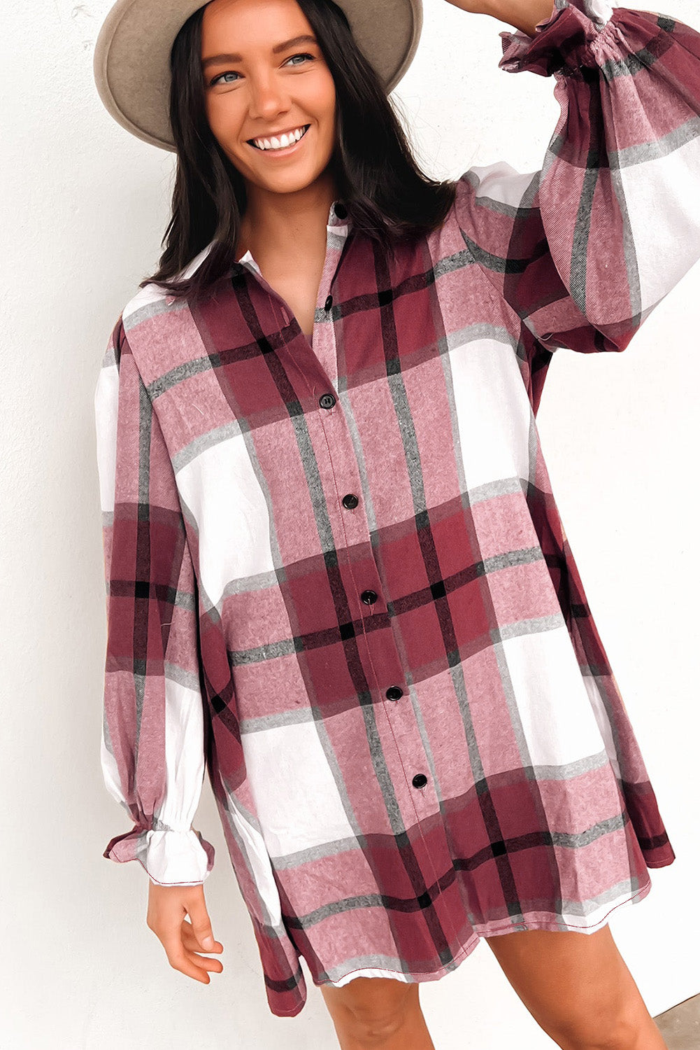 Brown Plaid Pattern Collared Neck Ruffled Sleeve Shirt Dress-yoyobikini