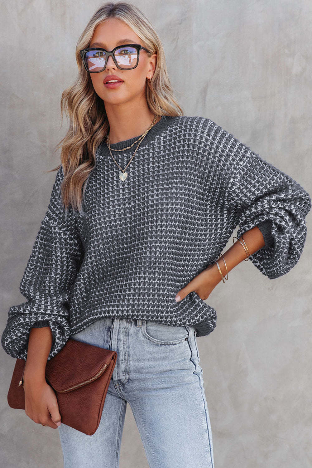 Gray Heathered Knit Drop Shoulder Puff Sleeve Sweater-yoyobikini